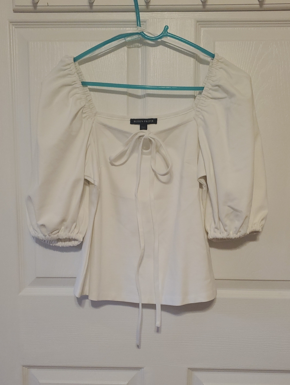 Boston Proper Cream Puff-Sleeve Tie-Front Top